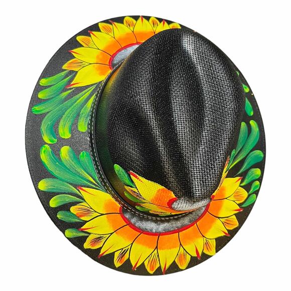 HAT MEXICAN Artisanal Hand Painted Fedora Sunflower Sombrero Panama Bohon Black main image 12